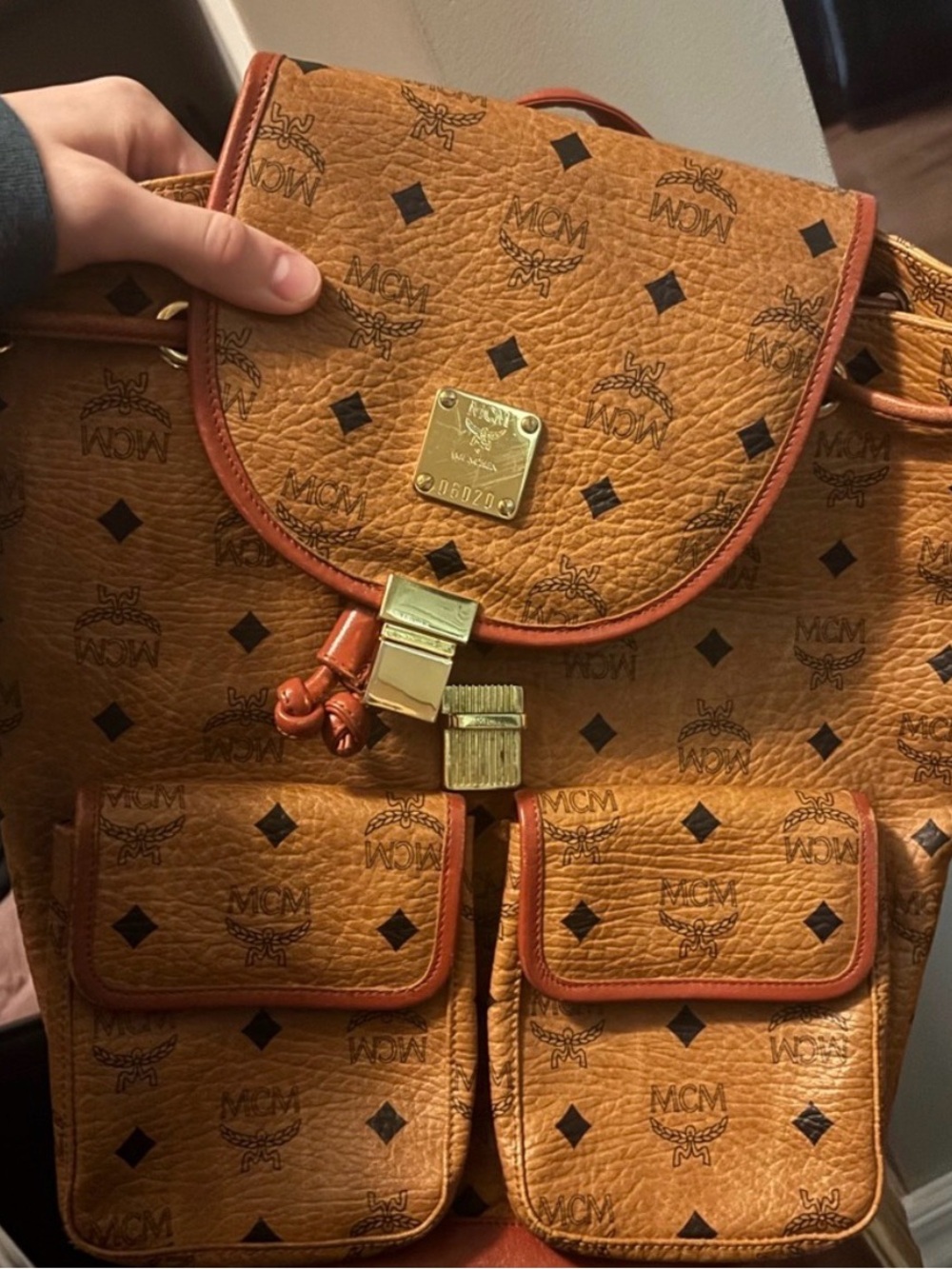 MCM Cognac/Tan Visetos Logo Backpack with Gold Hardware